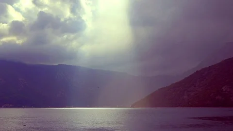 Light Rays Over The Sea Bay In Mountainous Area Stock Footage 98829055