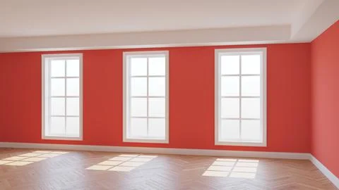 Light Red Interior with Three Large Windows, Light Glossy Herringbone Parquet Illustrazione stock