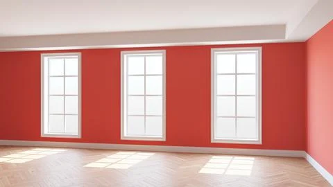 Light Red Interior with Three Large Windows, Light Glossy Herringbone Parquet Stock Illustration