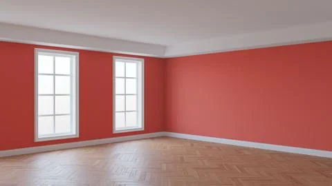 Light Red Interior with a White Ceiling and Cornice, Glossy Herringbone Parquet Stock Illustration