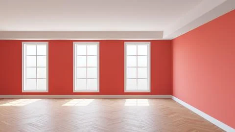 Light Red Interior with a White Ceiling and Cornice, Glossy Herringbone Parquet Stock Illustration