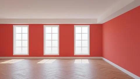 Light Red Room with a White Ceiling and Cornice, Glossy Herringbone Parquet Stock Illustration