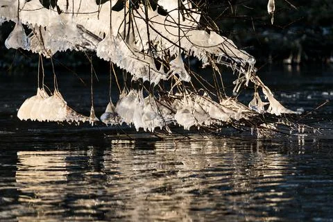 Light reflected through icicles at a river in winter time Stock Photos