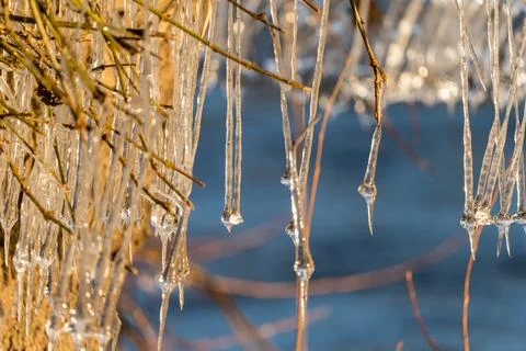 Light reflected through icicles at a river in winter time Stock Photos