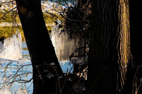 Light reflected through icicles at a river in winter time Stock Photos