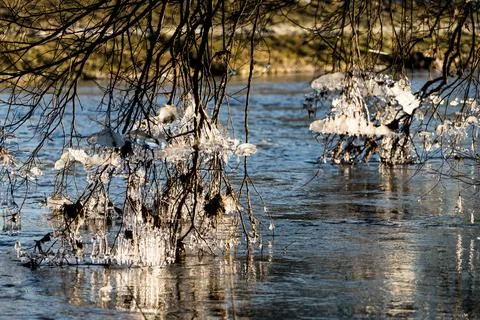 Light reflected through icicles at a river in winter time Stock Photos