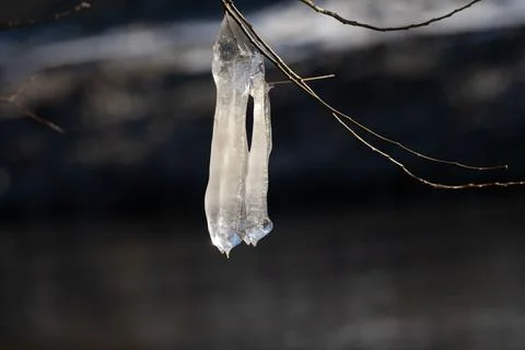 Light reflected through icicles at a river in winter time Stock Photos