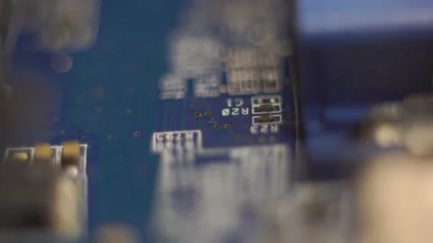 Light reflection effect on computer motherboard taken macro angel Stock Footage 205561969