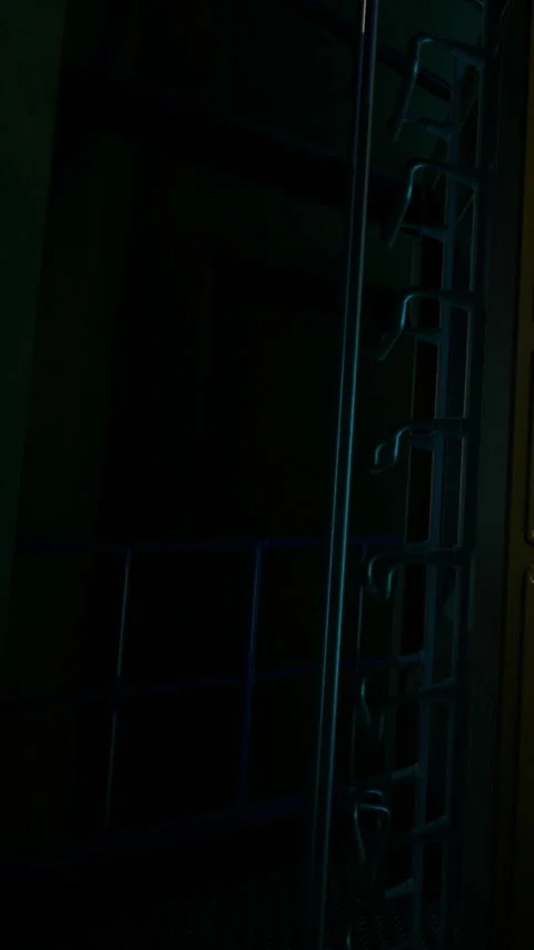 Light reflection on metal bars in a dark hallway during night time Stock Footage 336583676