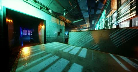 Light reflections create an artistic ambiance in an abandoned warehouse space 스톡 일러스트