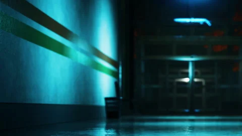 Light reflections in a hallway with green and orange stripes and a trash can Stock Footage 345007504