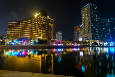 Light reflections on the water surface inf front of the Wynn, Macao Stock Photos