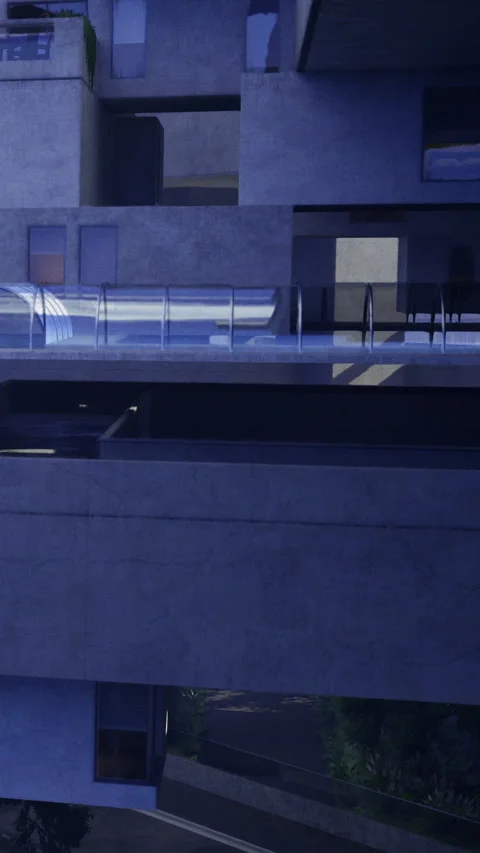 Light reflects on modern building structure in urban setting during evening Stock Footage 334108640