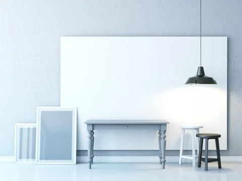 Light room with table and blank frames 스톡 일러스트