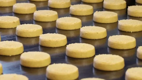 Light round sweet biscuits on the conveyor of a confectionery factory Stock-Footage 274395982