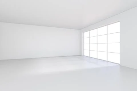 Light scattered light falling from the window into the white room. 3D rendering Illustrazione stock