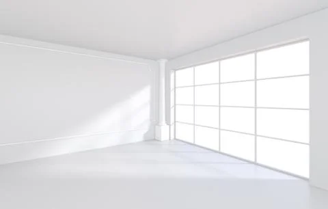 Light scattered light falling from the window into the white room. 3D rendering Illustrazione stock