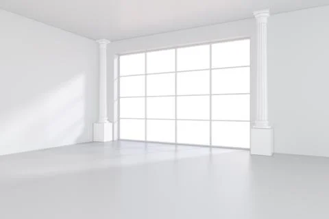 Light scattered light falling from the window into the white room. 3D rendering Illustrazione stock