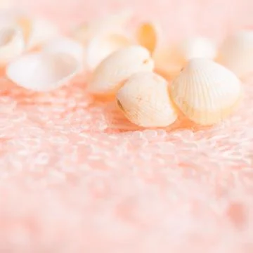 Light sea shells on soft pink terry texture, closeup Foto stock