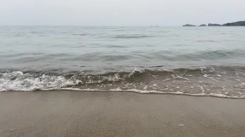 Light sea surf on a sandy shore on a foggy morning. Calmness, peace, balance. Stock Footage 309840817