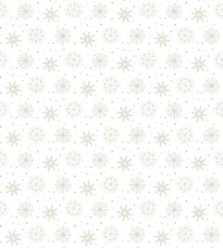 Light seamless gold pattern of many snowflakes on white background. Soft Chri Stock-Illustration