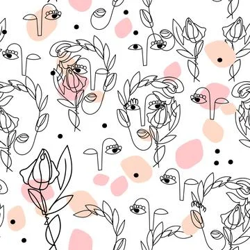 Light seamless pattern with one line continuous surreal women face and rose. Stock Illustration