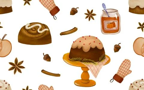 Light seamless watercolor pattern with festive cakes, cinnamon rolls, and b.. Stock Illustration
