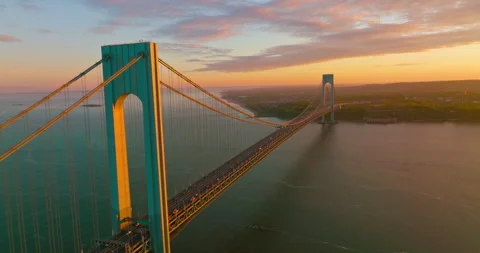 Light of setting sun falling on the supports of Whitestone bridge.  Stock-Footage 204093843