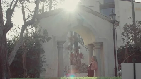 Light of the setting sun in the park and a pretty woman stands in the arch Video stock 151224293