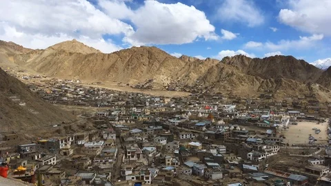 Light, Shadow, Cloud, Mountain and People activity at Leh Ladakh city, India Stock Footage