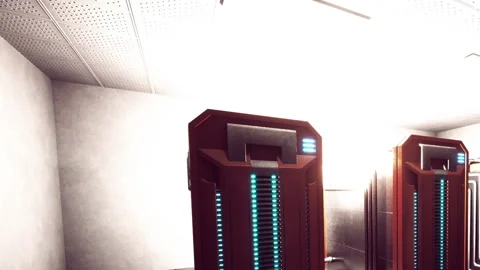 Light shines brightly above two futuristic machines in a room Stock Footage 342806062