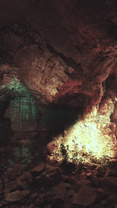 Light shines in cave showing rock formations and plants in the background Stock Footage 340880163