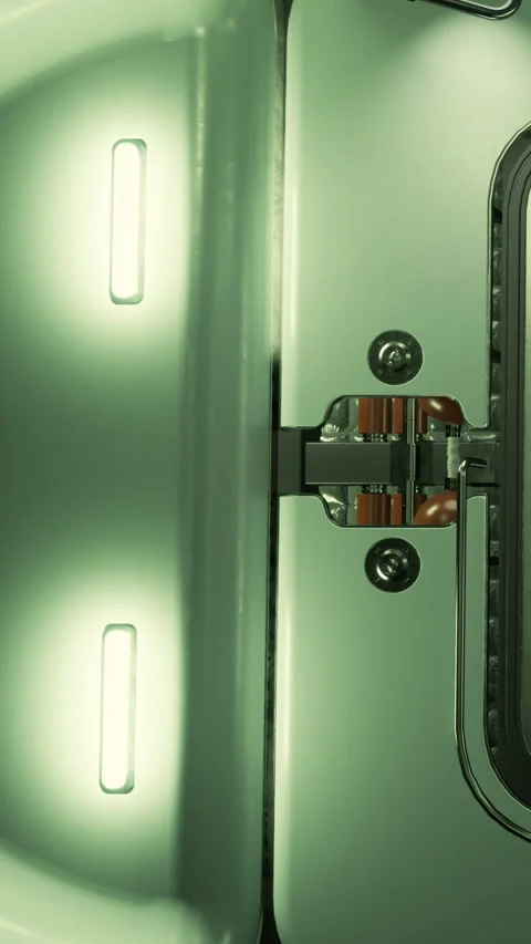 Light shines on a closed door with metal hinge in indoor setting Stock Footage 337972304
