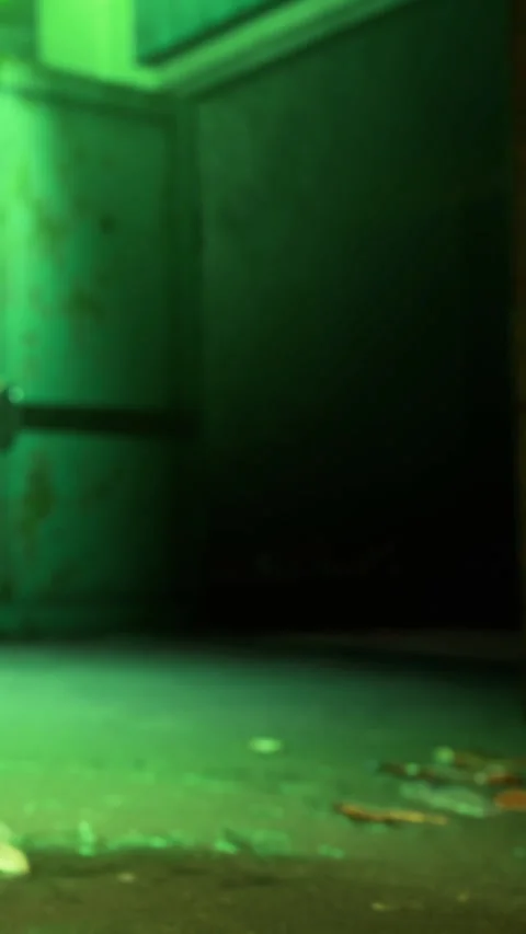Light shines in an empty room with green walls and floor at night Stock Footage 334173533
