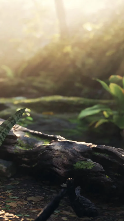Light shines on forest floor with plants and fallen tree trunk in springtime Stockbeeldmateriaal 340635851