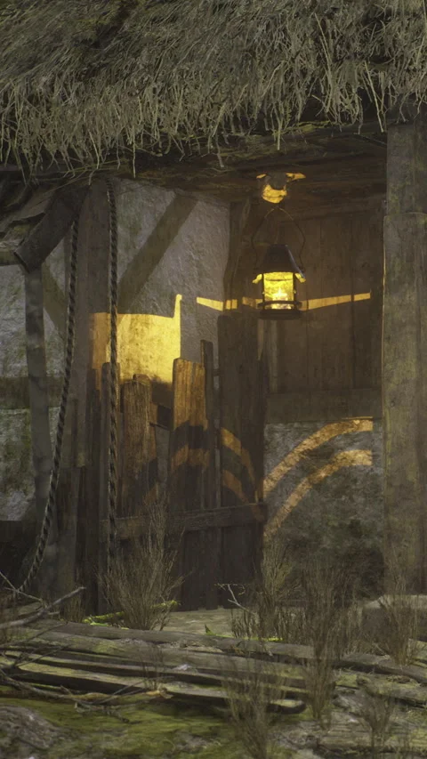 Light shines from lantern in rustic setting with wooden structures Stock Footage 334167393