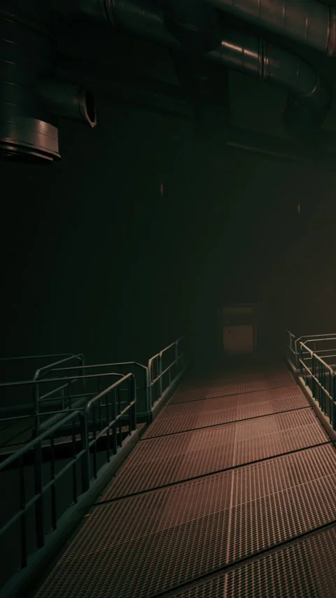 Light shines on metal walkway in dark industrial space at night Stock Footage 337956789