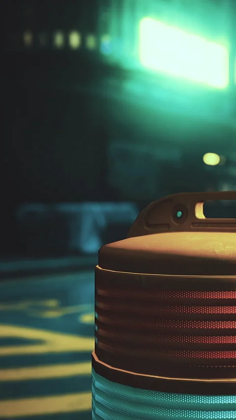 Light shines on a red and blue trash can in an urban area during the night Stock Footage 334172977
