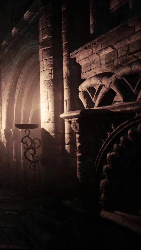 Light shines on stone arches in underground space with shadows at night Stock Footage 338390158
