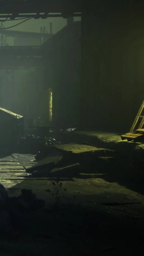Light shines through an abandoned building with scattered debris and shadows Stock Footage 334886712