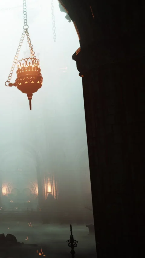 Light shines through an arch in a space with smoke and shadows Stock Footage 337960039