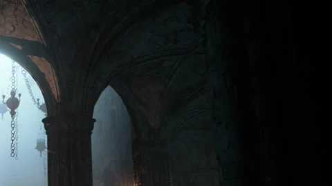 Light shines through arches in an old stone building Stock Footage 344864765