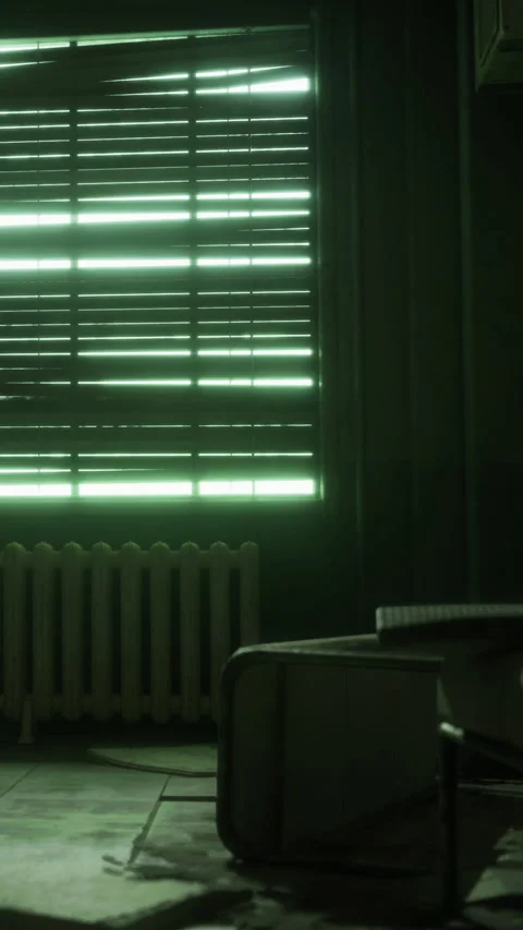 Light shines through blinds in an empty room with a chair and radiator Stock Footage 337969427