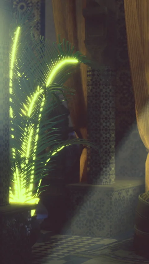 Light shines through curtains in a room with plants and tiles Stock Footage 334175685