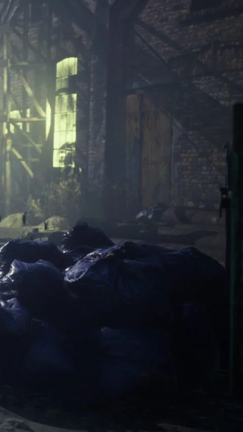 Light shines through a dark warehouse filled with garbage bags at night Stock Footage 336013130