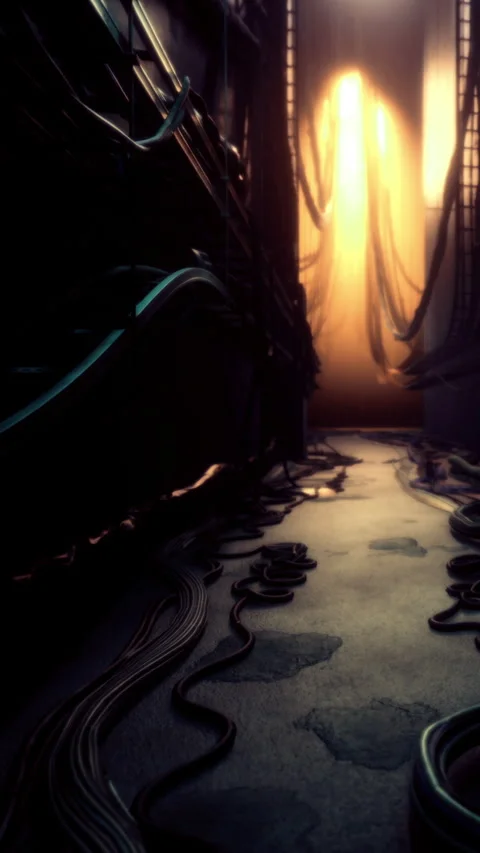 Light shines through a narrow hallway with cables on the floor in a dark space Stock Footage 334171785