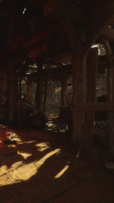 Light shines through an old barn during the afternoon in the countryside Stock Footage 339042197