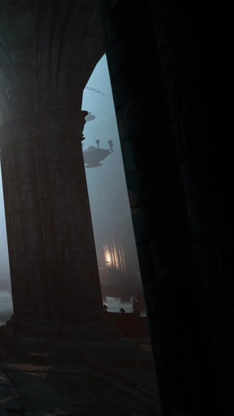 Light shines through pillars in an ancient building at dusk Stock Footage 335189755