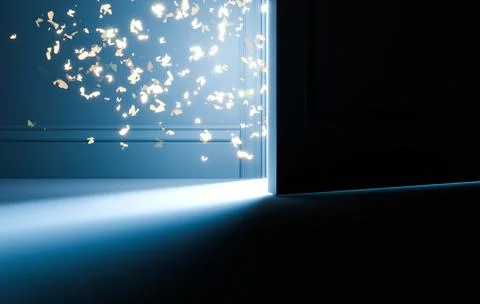Light Shines Through Slightly Open Door in Dark Room, Concept Background Stock Illustration