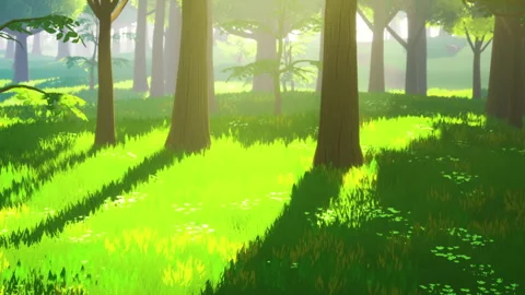 Light shines through trees in a bright green forest during the day Vídeo Stock 337873575
